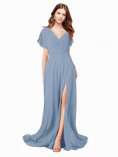 Chiffon Prom Dress with Flutter Sleeves and Front Slit Australia