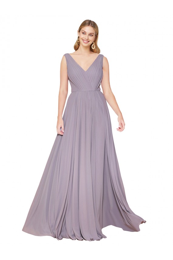 Draped Floor Length High Neck V-Back Chiffon Prom Dress with Shirred Bodice Australia