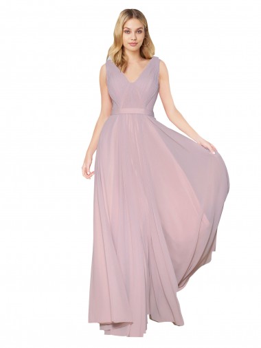 Draped V-Neck Long Chiffon Prom Dress with Shirred Bodice Australia