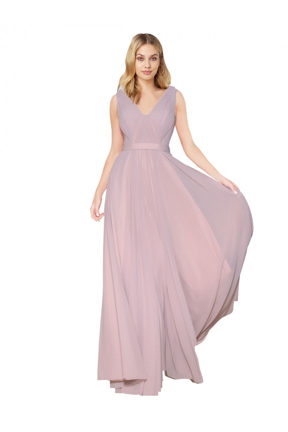 Draped V-Neck Long Chiffon Prom Dress with Shirred Bodice Australia