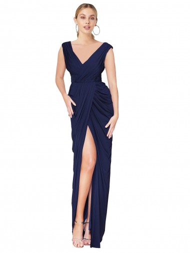 Draped V-Neck Long Chiffon Prom Dress with Front Slit Australia