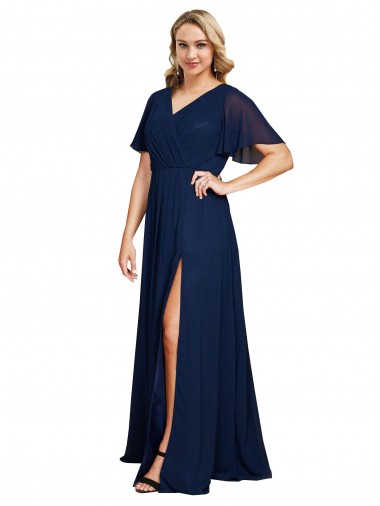 Chiffon V-Neck Short Sleeves Long Prom Dress with High Slit Australia