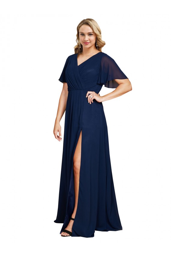 Chiffon V-Neck Short Sleeves Long Prom Dress with High Slit Australia