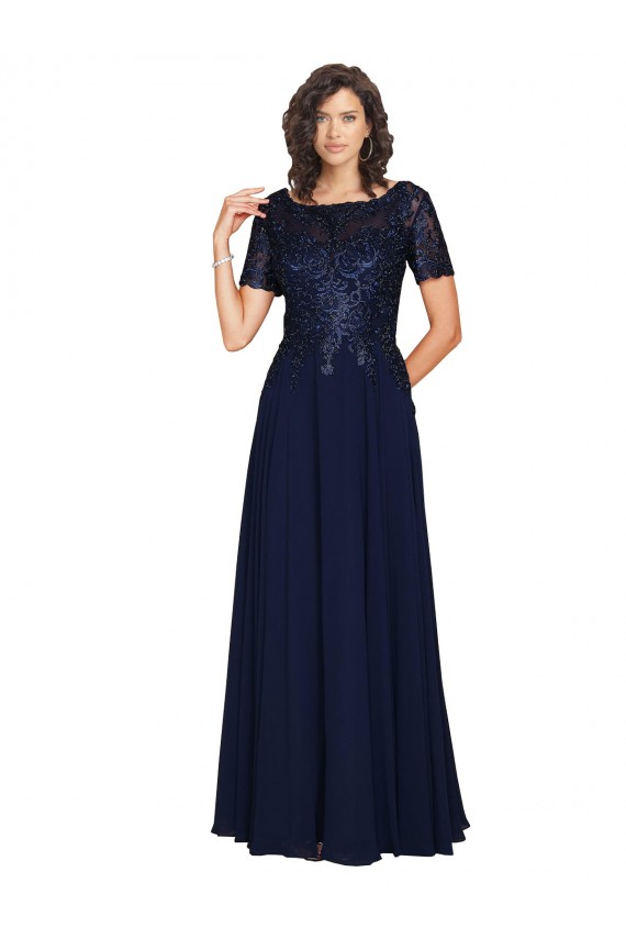 Short Sleeves A-Line Long Chiffon Prom Dress with Beaded Bodice Australia