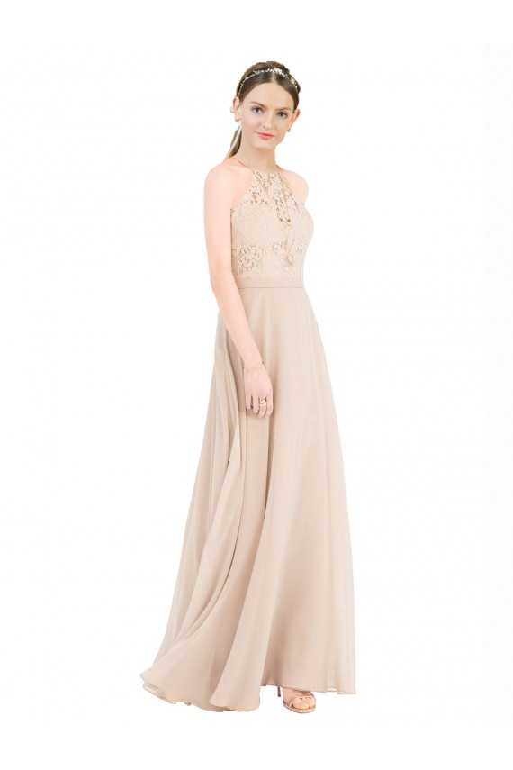High Halter Neck Illusion Lace Prom Dress with Chiffon Skirt and Keyhole Back Australia