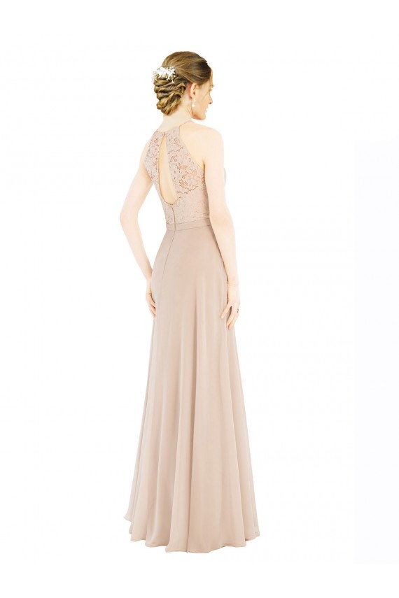 High Halter Neck Illusion Lace Prom Dress with Chiffon Skirt and Keyhole Back Australia