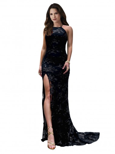 High Neckline Lace Open Back Prom Dress with High Slit Australia