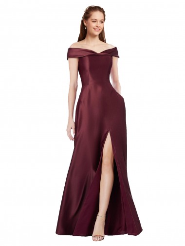 Long Off the Shoulder Satin Prom Dress with Thigh-high Slit Australia