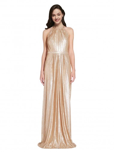 Floor Length Halter Neck Sparkling Sequin Prom Dress with Pleats Australia