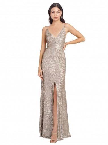 V-Neck Fully Sequin Prom Dress with V-Back and Front Slit Australia