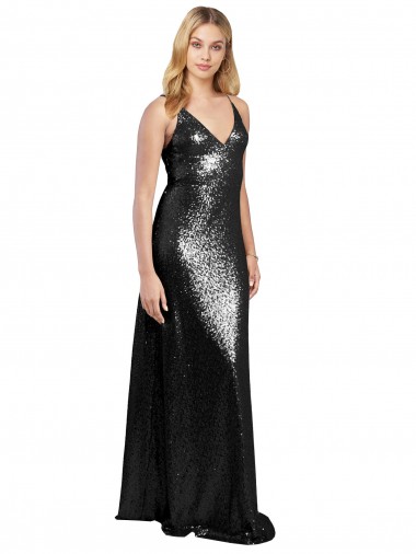 Full Length A-Line Sequin Prom Dress with Spaghetti Straps V-Neckline Australia