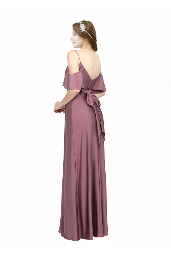 Draped Cold Shoulder Sleeves Long Silky Satin Prom Dress with Slit and Tie Back Australia