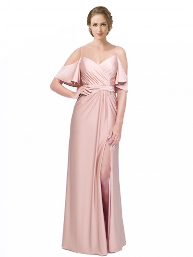 Draped Cold Shoulder Sleeves Long Silky Satin Prom Dress with Slit and Tie Back Australia