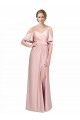 Draped Cold Shoulder Sleeves Long Silky Satin Prom Dress with Slit and Tie Back Australia