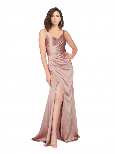 Floor Length Silky Satin Prom Dress with Front Skirt Slit Australia