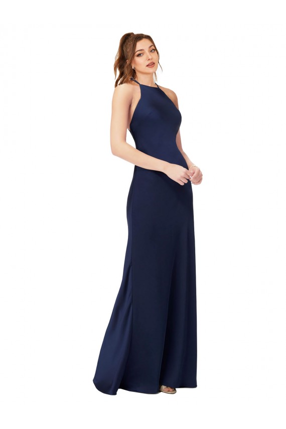 High Neck Satin Prom Dress with Strappy Back Australia