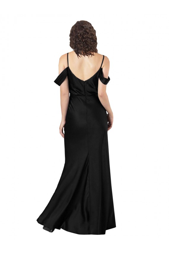 Off the Shoulder Sleeves Silky Satin Prom Dress with Skirt Slit Australia