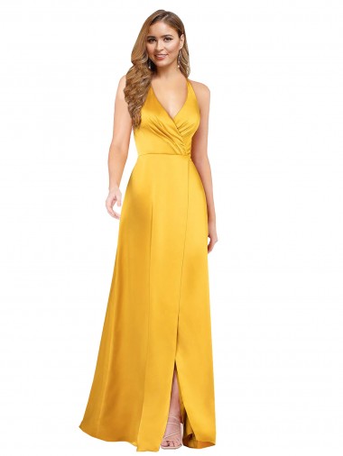 Halter A-Line Silky Satin Prom Dress with V-Neckline and Slit Australia