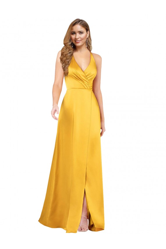 Halter A-Line Silky Satin Prom Dress with V-Neckline and Slit Australia
