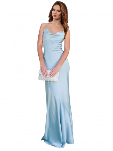 Open Back with Ties Cowl Neck Sheath Silky Satin Long Bridessmaid Dress Australia