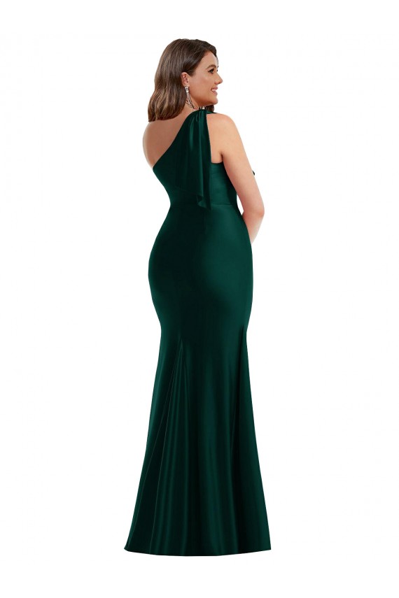 Cascading Bow One Shoulder Silky Satin Mermaid Prom Dress with Front Slit Australia