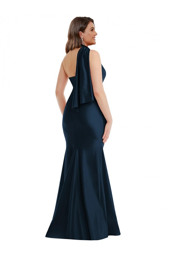 Scarf Neck One Shoulder Silky Satin Mermaid Prom Dress with Front Slit Australia