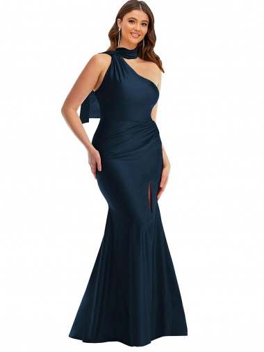 Scarf Neck One Shoulder Silky Satin Mermaid Prom Dress with Front Slit Australia