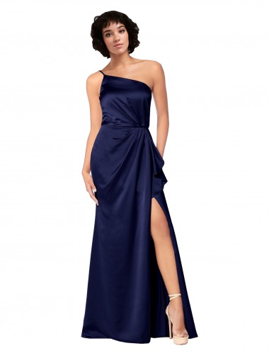 One Shoulder Silky Satin Prom Dress with Skirt Slit Australia