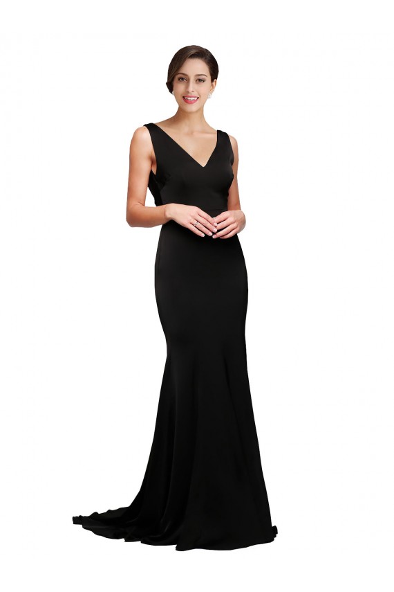 V-Neck Full Length Silky Satin Prom Dress with Soft Cowl Neck and Sweep Train Australia