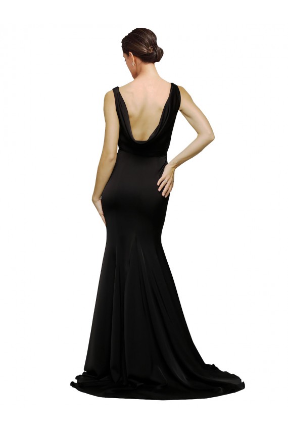 V-Neck Full Length Silky Satin Prom Dress with Soft Cowl Neck and Sweep Train Australia
