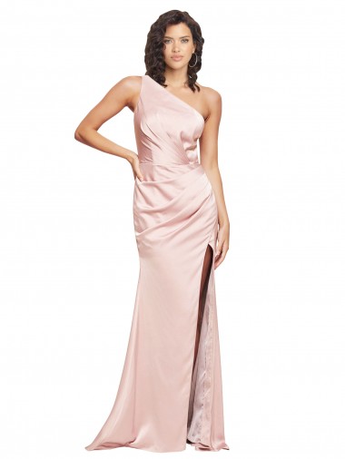 Full Length Ruched Silky Satin Prom Dress with Low Back and High Split Australia