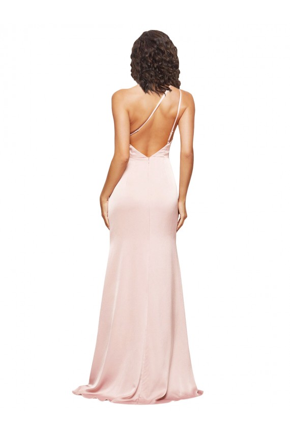 Full Length Ruched Silky Satin Prom Dress with Low Back and High Split Australia