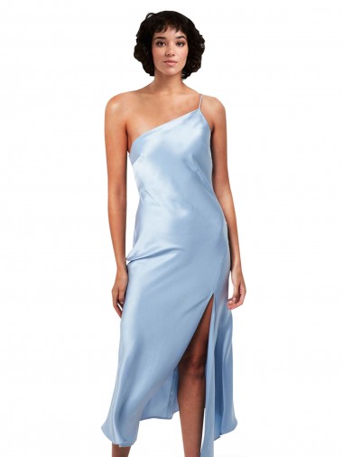 Midi Length Short Silky Satin Cocktail Prom Dress / Homecoming Dress with Asymmetric Neckline and High Side Split Australia