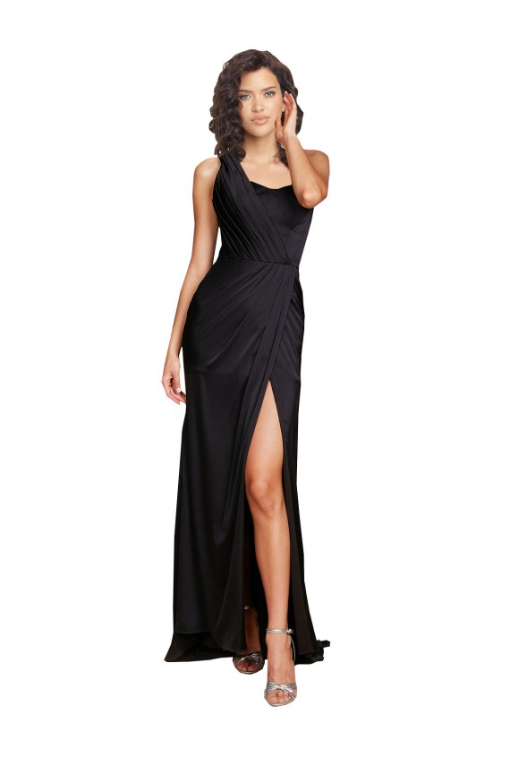 Full Length One Shoulder Ruffled Long Silky Satin Prom Dress with High Slit Australia