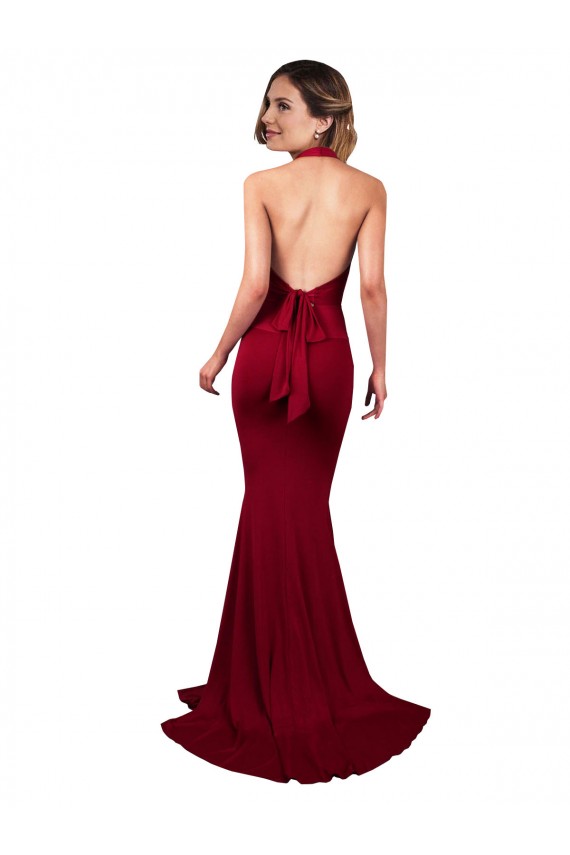 Halter Mermaid Plunge V-Neckline Open Back Bow Tie Spandex Prom Dress Australia