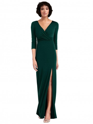 Floor Length 3/4 Sleeves V-Back Draped Wrap Maxi Spandex Prom Dress Australia