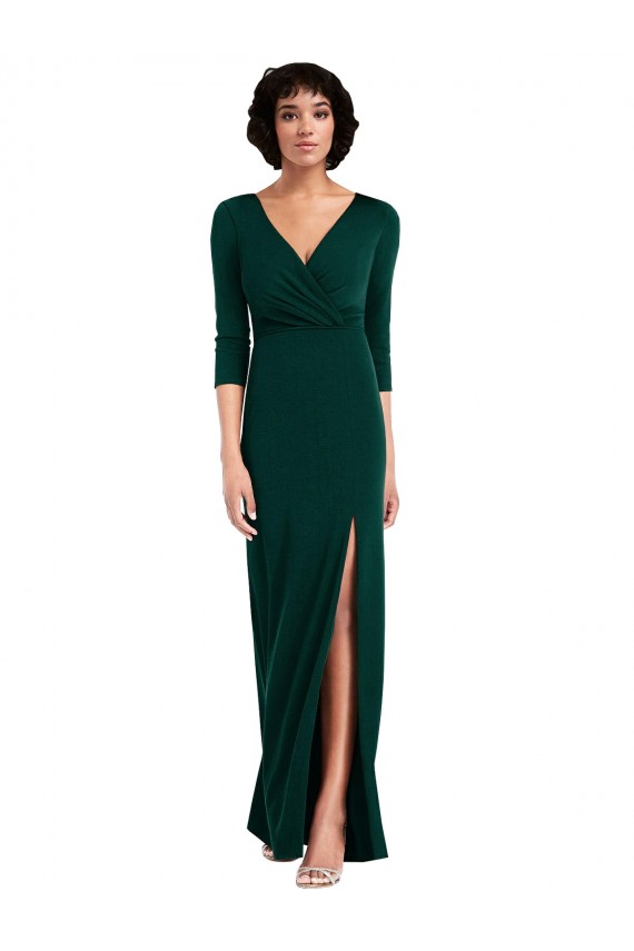 Floor Length 3/4 Sleeves V-Back Draped Wrap Maxi Spandex Prom Dress Australia