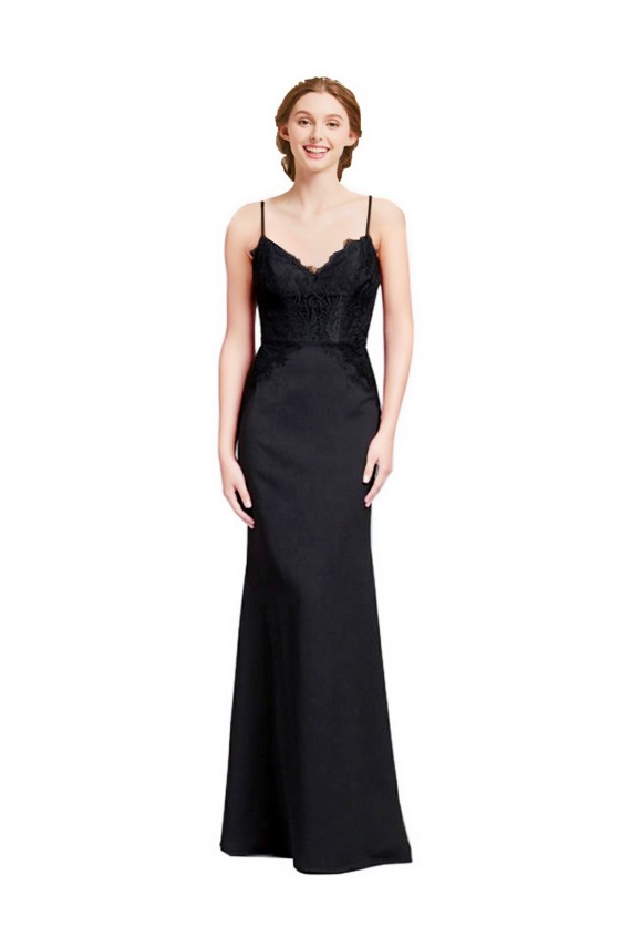 Long Chiffon Prom Dress with Lace Bodice and Curved V-Neckline Australia