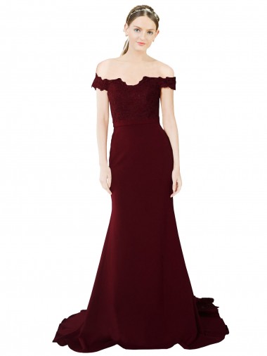 Full Length Off the Shoulder Formal Crepe Prom Dress with Lace On Bodice and Back Australia