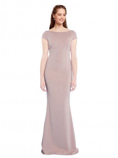Boat Neck Cap Sleeve Crepe Prom Dress with Plunging Tie Back Australia
