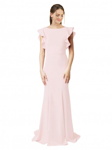Low V-Back Long Mermaid Crepe Prom Dress with Ruffled Sleeves Australia