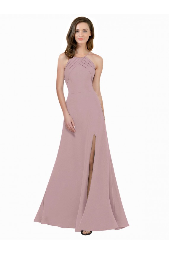 High Neck Crepe Prom Dress with Pleats and Keyhole Back Australia