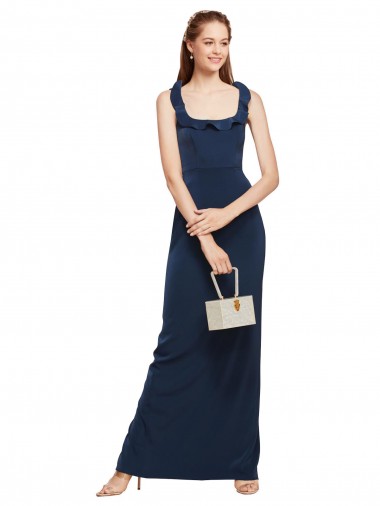 Scoop Neck with Ruffles Long Crepe Prom Dress with Back Slit Australia