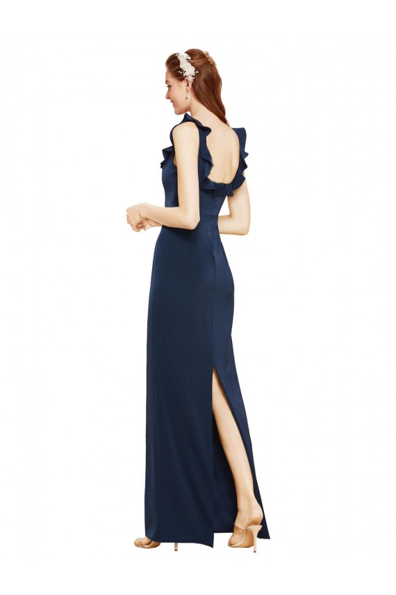 Scoop Neck with Ruffles Long Crepe Prom Dress with Back Slit Australia