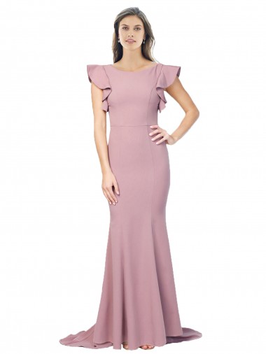 Flutter Sleeves Low V-Back High Round Neck Crepe Prom Dress Australia