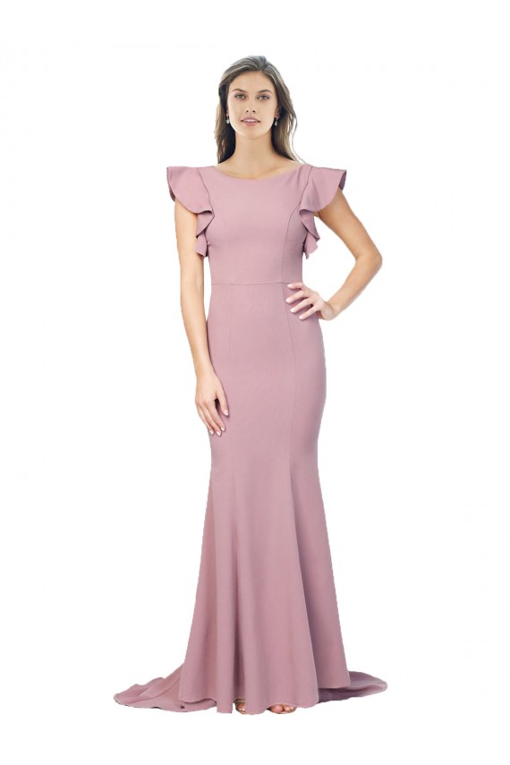 Flutter Sleeves Low V-Back High Round Neck Crepe Prom Dress Australia