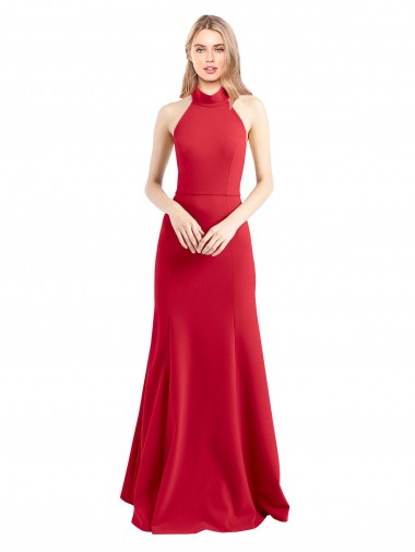 Sleek Fit and Flare High Neck Halter Stretch Crepe Prom Dress with Open Back Australia