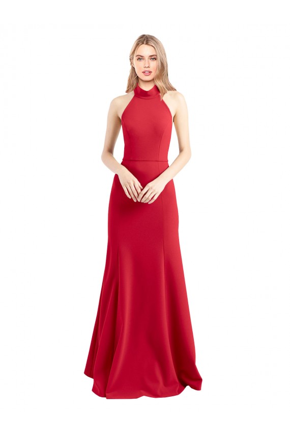 Sleek Fit and Flare High Neck Halter Stretch Crepe Prom Dress with Open Back Australia