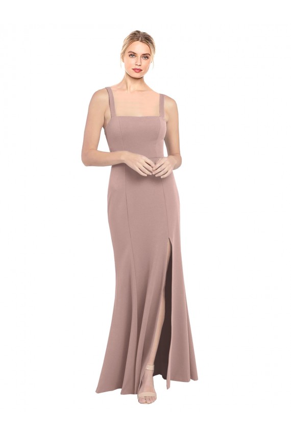 Square Neck Fit and Flare Long Stretch Crepe Prom Dress with Side Slit Australia