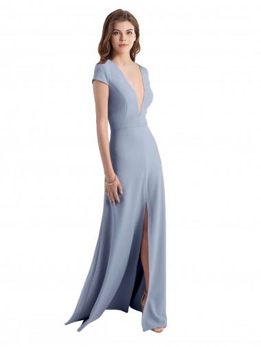 Plunging V-Neck Cap Sleeves Stretch Crepe Prom Dress with Front Slit Australia